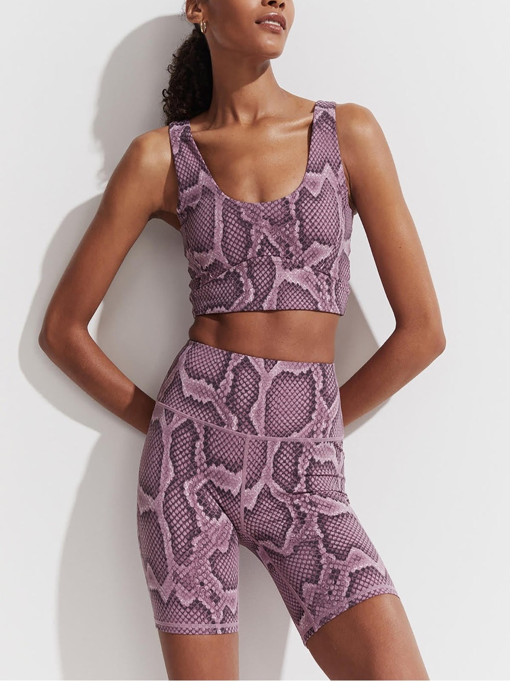 Varley Mesa Rose Snake-Print Sports Bra & Bike Shorts